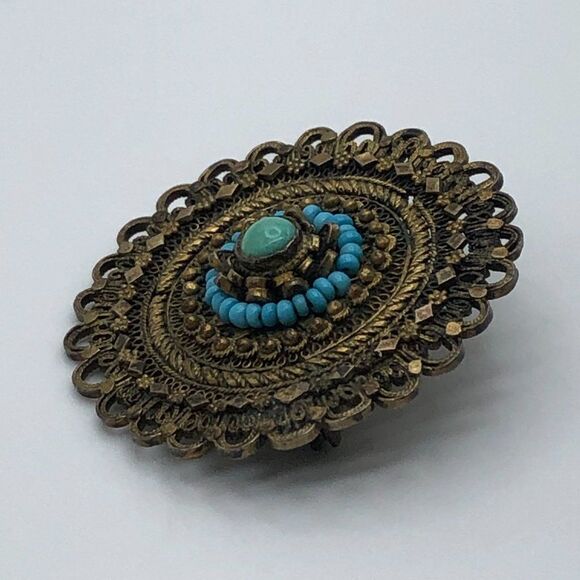 Vintage Turquoise Filigree Brass Brooch Middle Eastern Brooch Pin - Picture 3 of 3